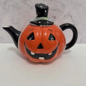 HALLOWEEN TEAPOT Pumpkin Jack O Lantern Ceramic Polka Dot Hat BRAND-NEW